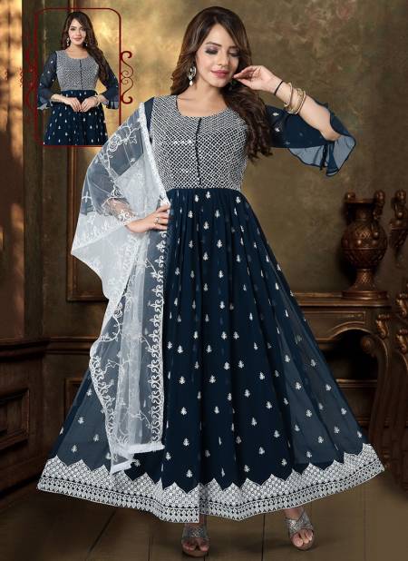 N F GOWN 21 Fancy Festive Wear Rayon Printed Long Gown With Dupatta collection N F G 712 BLUE